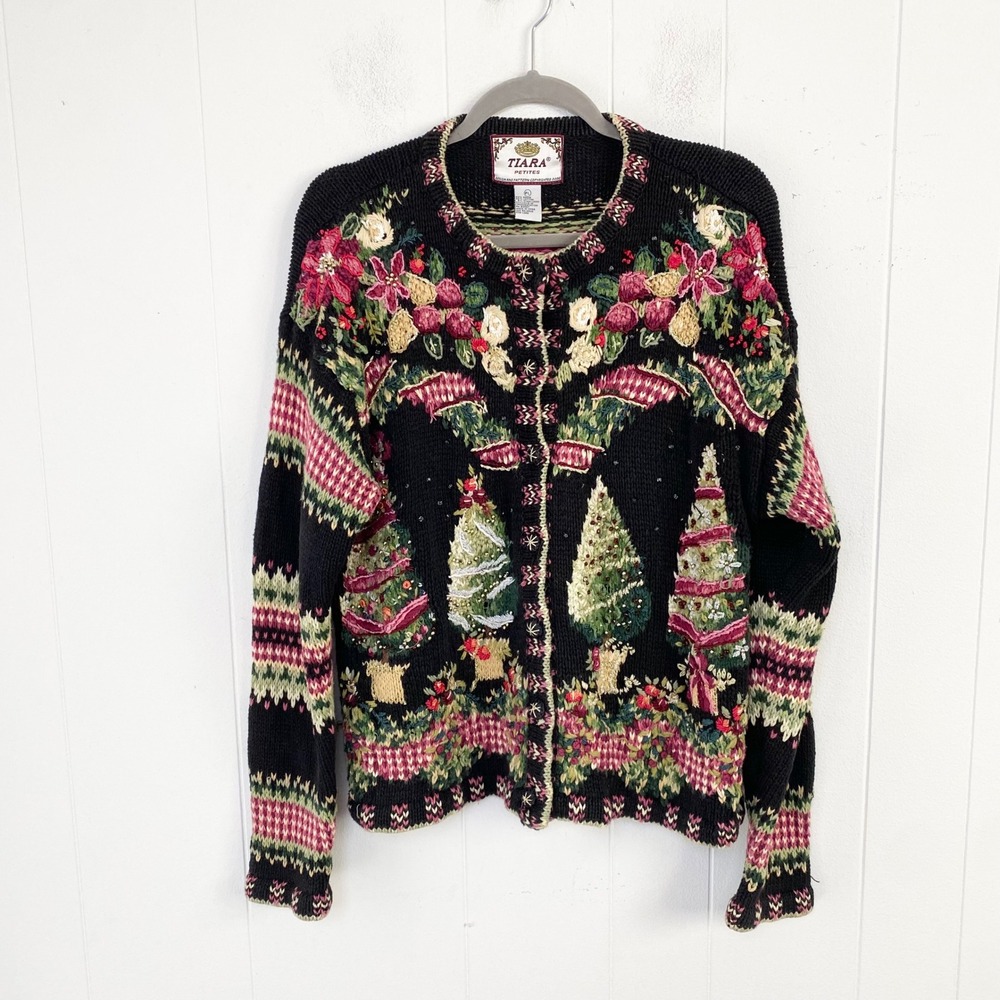 Tiara Petites Vintage Christmas Cardigan Sweater Embroidered Beaded Black PL